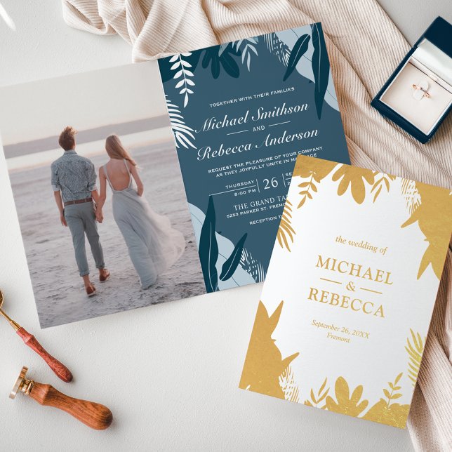 Faire-part de mariage Feuilles Bleues Poussiéreuse (Créateur téléchargé)