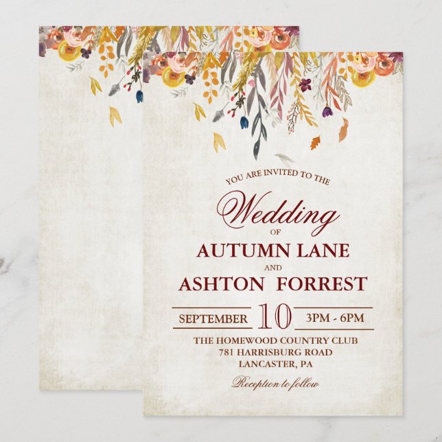 Faire-Part de Mariage Feuilles d'Automne Rustique (Devant / Derrière)