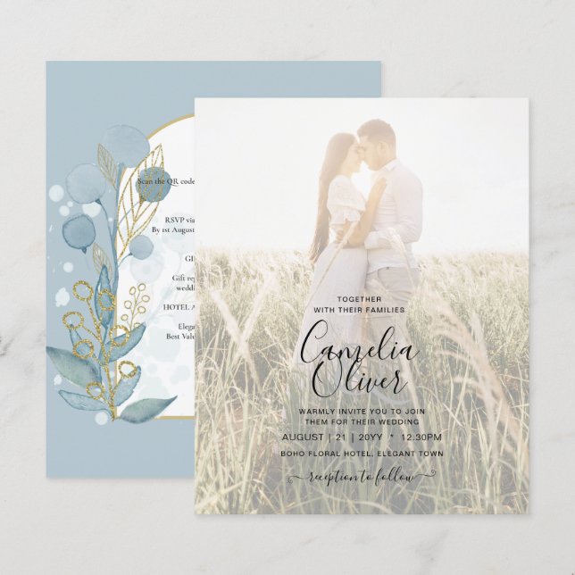Faire-part de mariage Feuilles d'or Aqua Verre de  (Devant / Derrière)