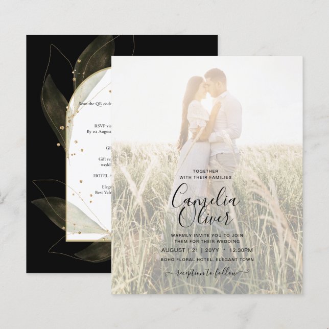 Faire-part de mariage feuilles d'or noir BUDGET (Devant / Derrière)