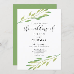 Faire-part de mariage feuilles vert aquarelle