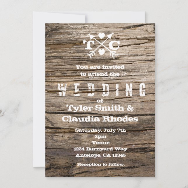 Faire-part de mariage Flèches et cœurs en bois rus (Devant)
