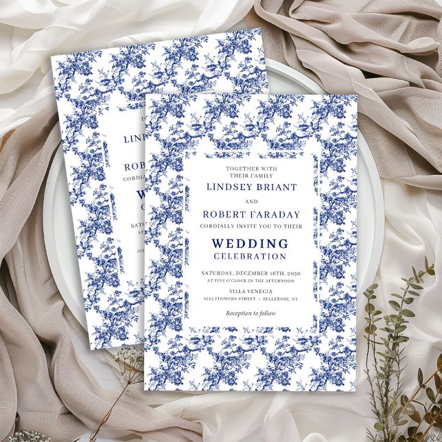 Faire-Part de Mariage Fleur Bleu Toile de Jouy Fra (Elegant Blue Toile Floral Wedding Invitation Design)