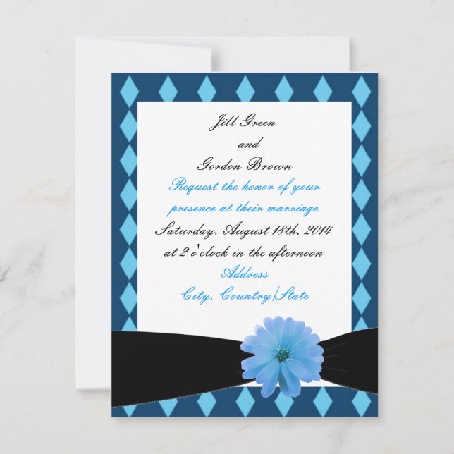 Faire-part de mariage Fleur Bleue Ruban Noir (Devant)