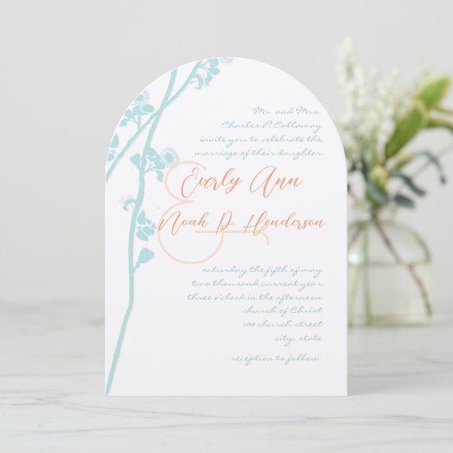Faire-part de mariage Fleur de corail bleu aqua (Debout devant)