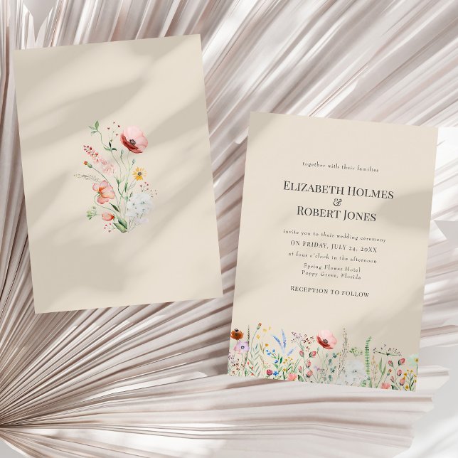 Faire-part de mariage Fleur de la taupe aquarelle (Taupe Watercolor Wildflower Wedding Invitation on a sunny neutral dry palm leaf.)