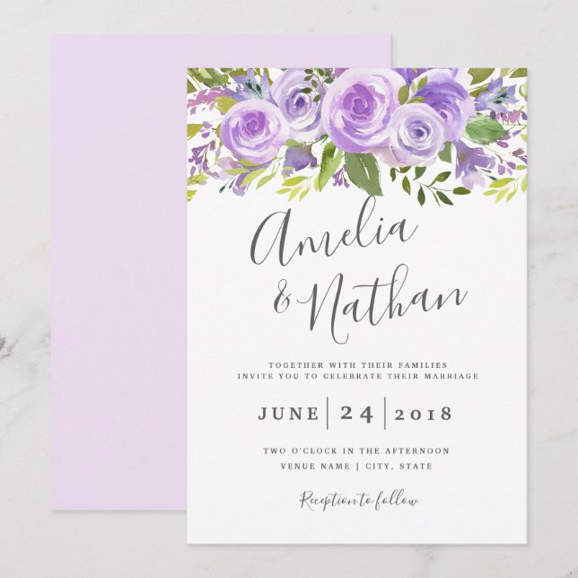 Faire-part de mariage Fleur de lavande et rose (Devant / Derrière)