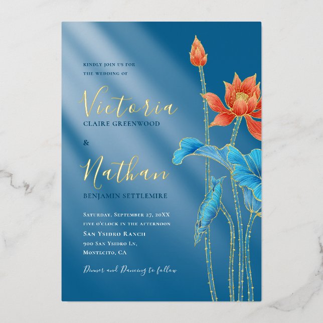 Faire-part de mariage fleur de lotus orange modern (Recto)