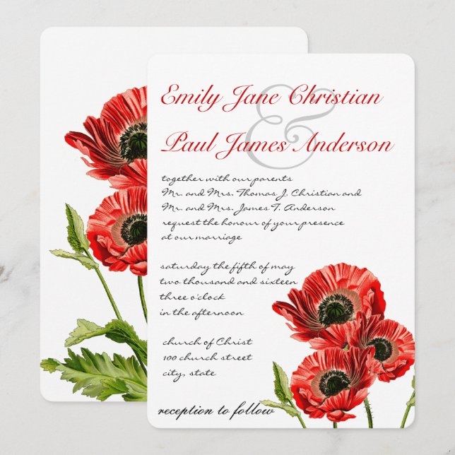 Faire-part de mariage Fleur de pavot rouge (Devant / Derrière)