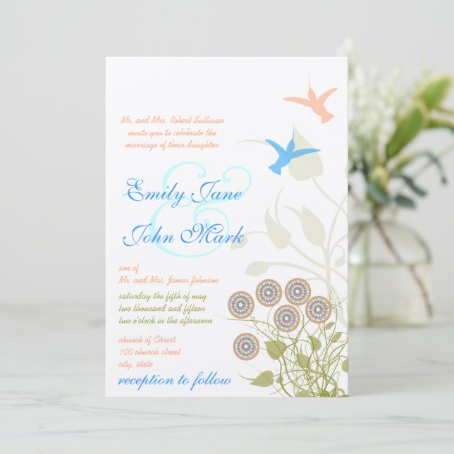 Faire-part de mariage Fleur fantaisiste et colibri (Debout devant)
