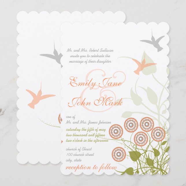 Faire-part de mariage Fleur Fantaisiste et Oiseau- (Devant / Derrière)
