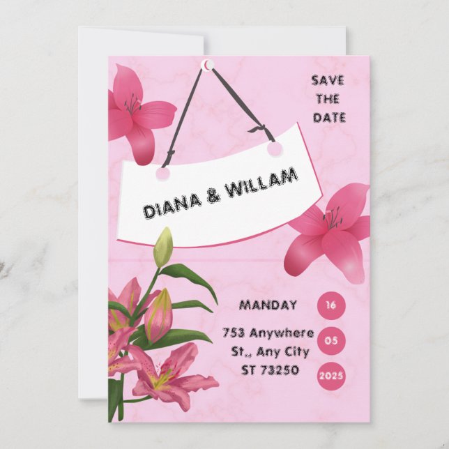 Faire-part de mariage Fleur Rose (Devant)