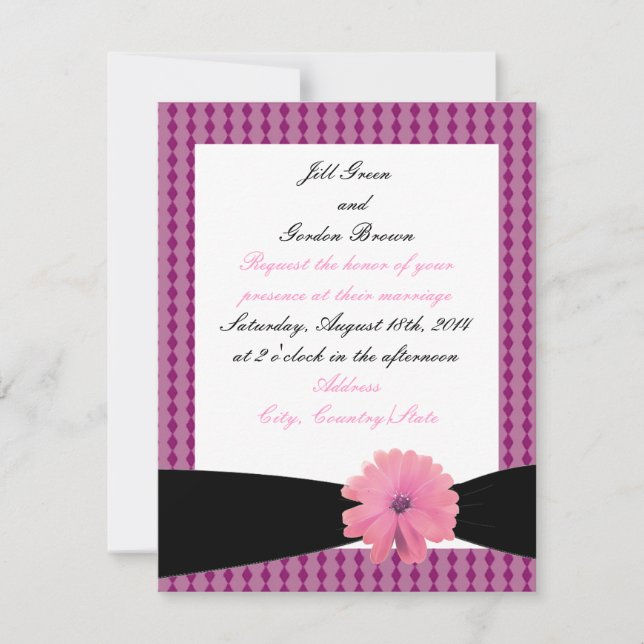 Faire-part de mariage Fleur rose Ruban noir (Devant)