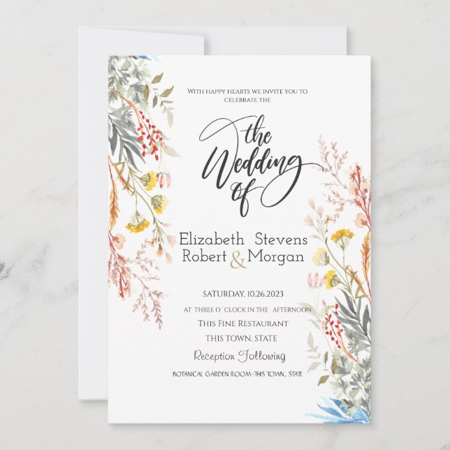 Faire-part de mariage fleur sauvage aquarelle fant (Devant)