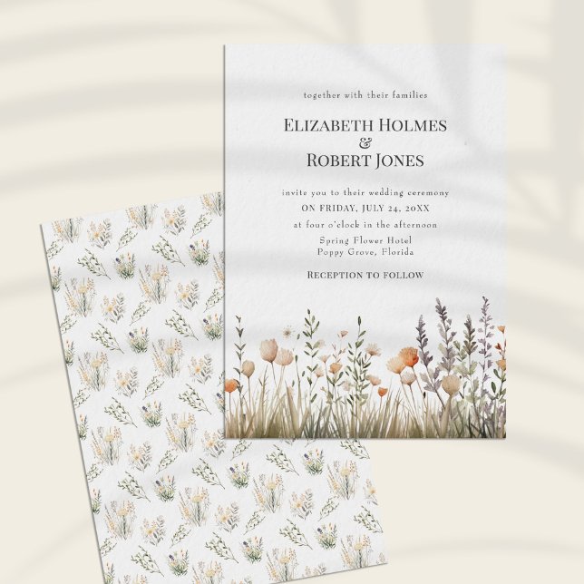 Faire-part de mariage Fleur sauvage aquarelle pêch (Peach Watercolor Wildflower Wedding Invitation on a sunny white table.)