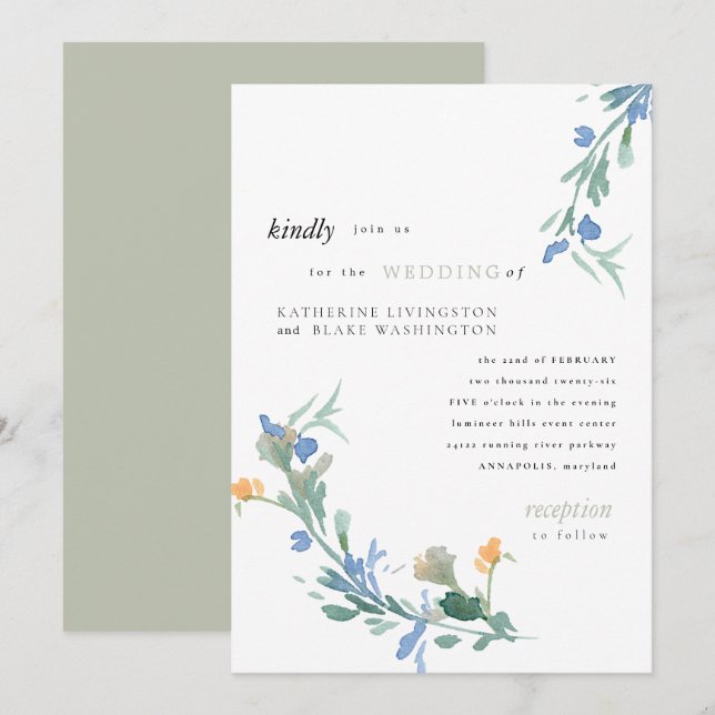 Faire-part de mariage Fleur sauvage bleu (Devant / Derrière)