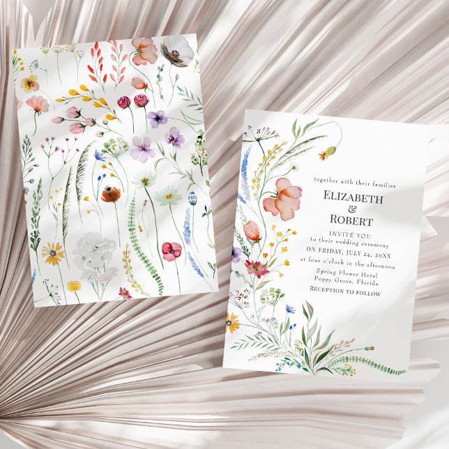 Faire-part de mariage Fleur sauvage Boho Watercolo (Boho Watercolor Wildflower Wedding Invitation on a sunny neutral dry palm leaf.)