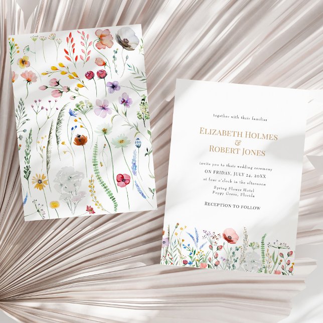 Faire-part de mariage Fleur sauvage Boho Watercolo (Boho Watercolor Wildflower Wedding Invitation on a sunny neutral dry palm leaf.)