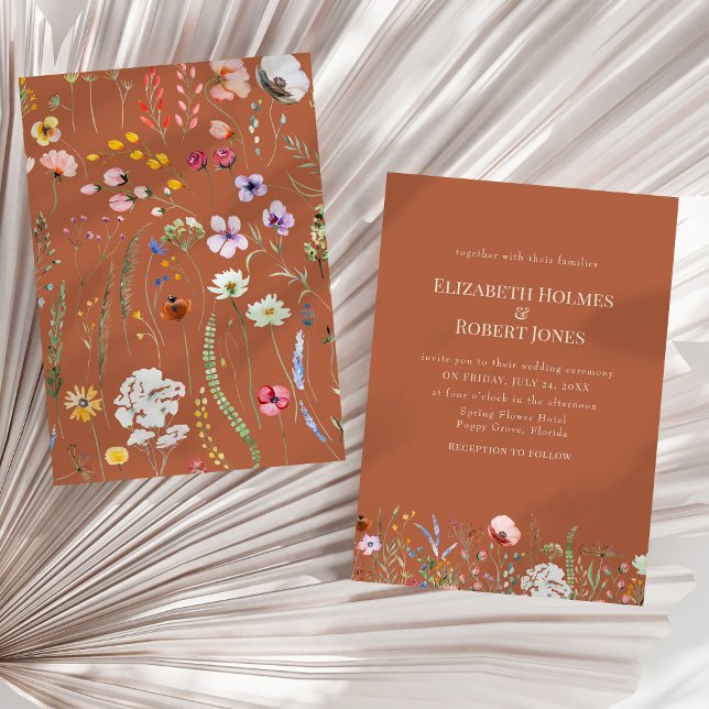 Faire-part de mariage Fleur sauvage de Terracotta  (Terracotta Boho Wildflower Wedding Invitation on a sunny neutral dry palm leaf.)