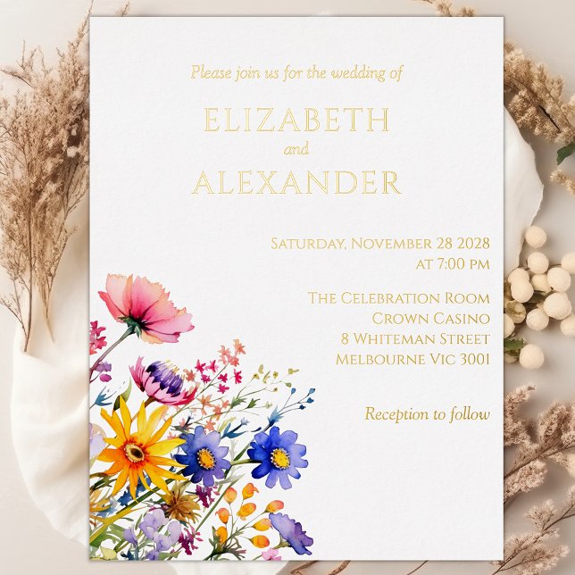 Faire-part de mariage fleur sauvage et Gold Foil (Real Gold Foil Invitation)
