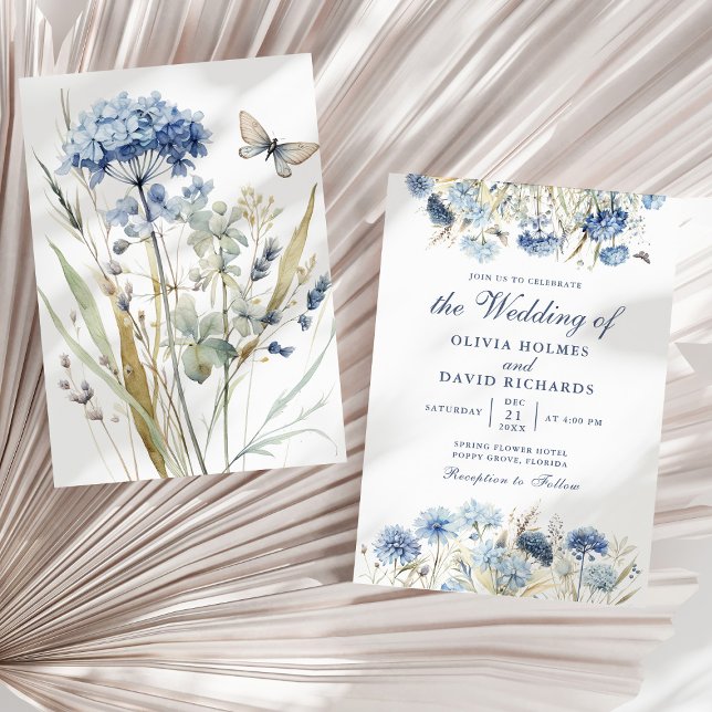 Faire-part de mariage Fleur sauvage Hydrangea Bleu (Boho French Blue Wildflower Meadow Wedding Invite on a sunny dry palm leaf.)