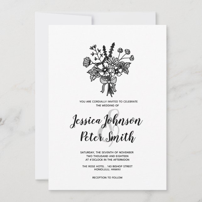 Faire-part de mariage Fleur sauvage noir et blanc (Devant)