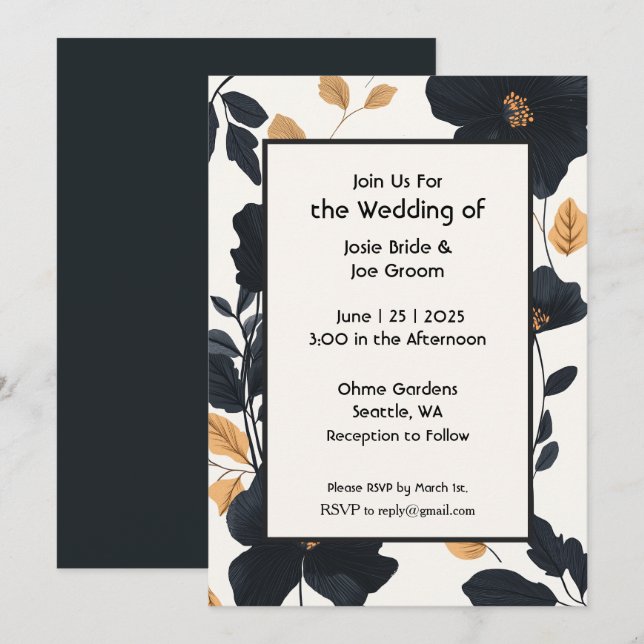 Faire-part de mariage fleur sauvage noir moderne (Devant / Derrière)