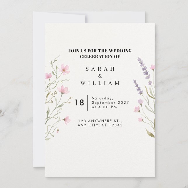 Faire-part de mariage Fleur sauvage rose lavande p (Devant)