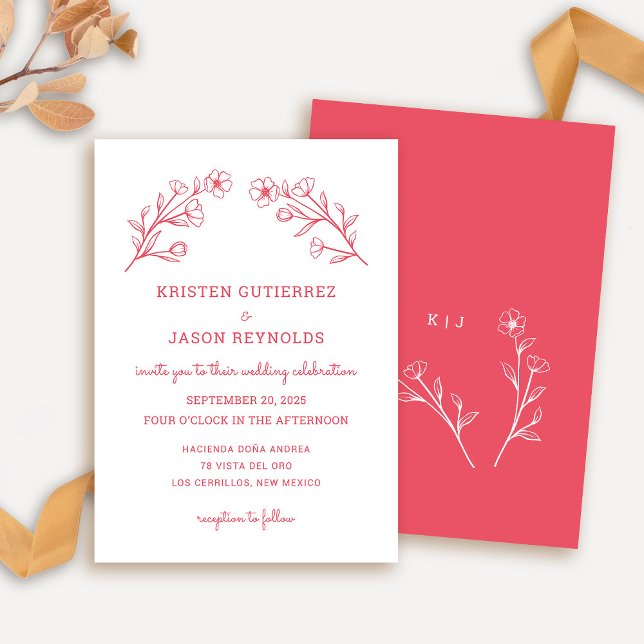 Faire-part de mariage Fleur sauvage rouge rose (Wildflower Wedding Invitation in Rose Red)