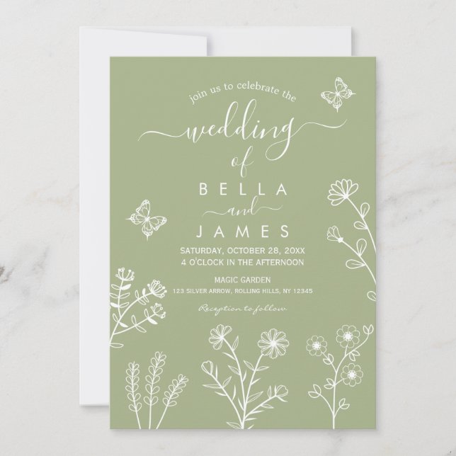 Faire-part de mariage Fleur sauvage Sage Green (Devant)