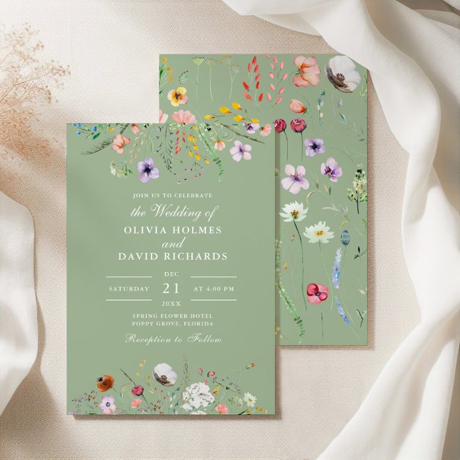 Faire-part de mariage Fleur sauvage Sage Green (Sage Green Wildflower Wedding Invitation on a silk tablecloth with botanicals)
