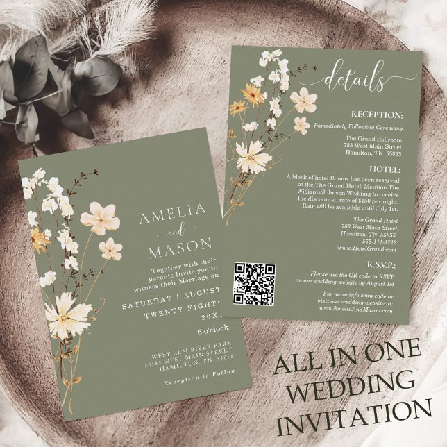 Faire-part de mariage Fleur sauvage Sage Green (All in One Sage Green Boho Wildflower Wedding Invitation with QR Code)