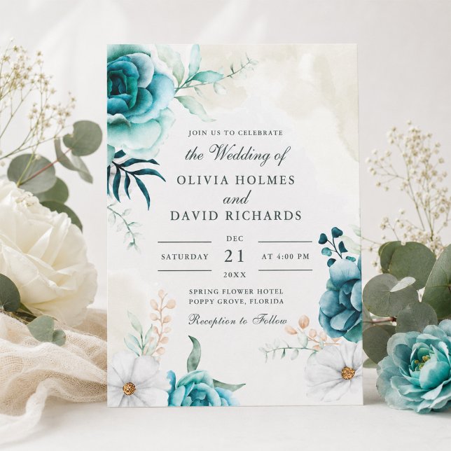 Faire-part de mariage Fleur sauvage sarcelle | Jar (Teal Wildflower Wedding Invitation | Boho Garden)