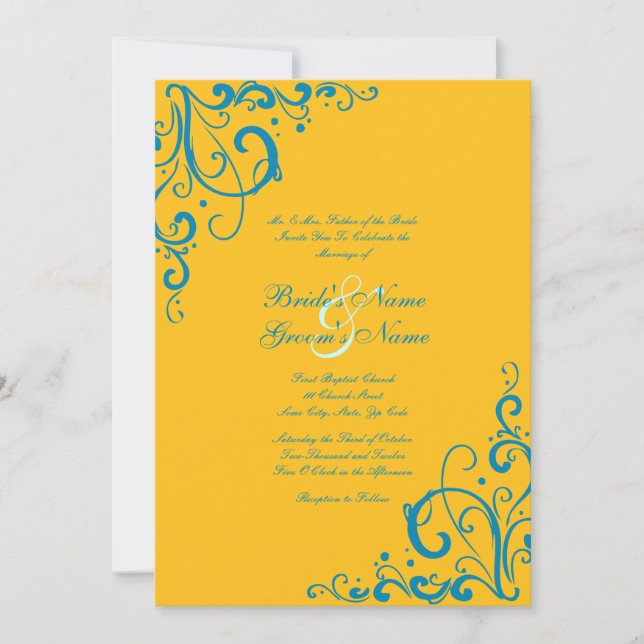 Faire-part de mariage fleuri bleu et jaune (Devant)