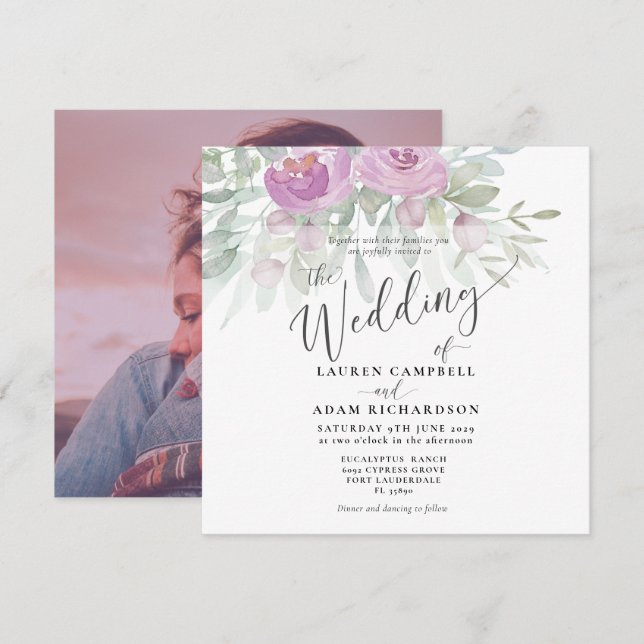 Faire-part de mariage fleuri rustique à l'eucalypt (Devant / Derrière)