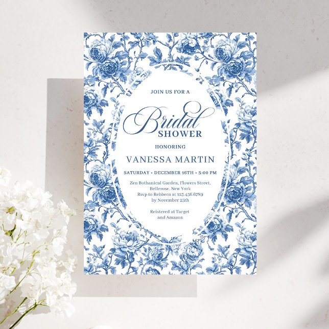 Faire-part de mariage fleuri Toile de Jouy Bleu Cl (Classic Blue Toile de Jouy Floral Bridal Shower Invite)