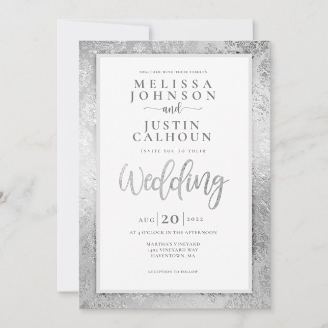 Faire-part de mariage fleurie argentée Damask (Devant)