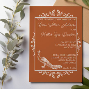 Faire-part de mariage fleurie de paon rouille