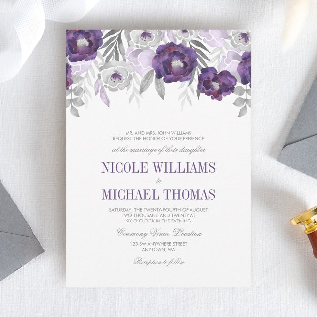 Faire-part de mariage Fleurs Aquarelle Gris Violet (Créateur téléchargé)