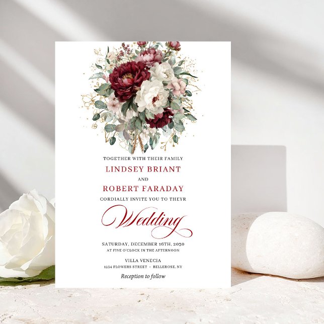 Faire-part de mariage Fleurs blanches de Bourgogne (Romantic Burgundy White Flowers Wedding Invitation)