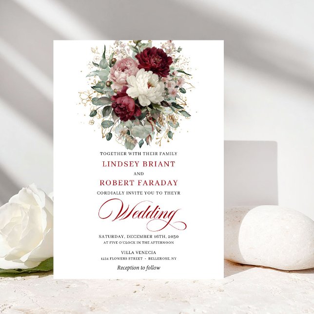 Faire-Part de Mariage Fleurs Blanches et Bourgogne (Rustic Burgundy and White Flowers Wedding Invitation)