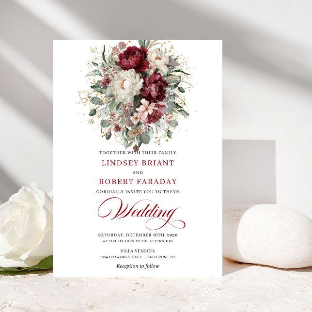 Faire-part de mariage Fleurs blanches et Bourgogne (Botanical Burgundy and White Flowers Wedding Invite)