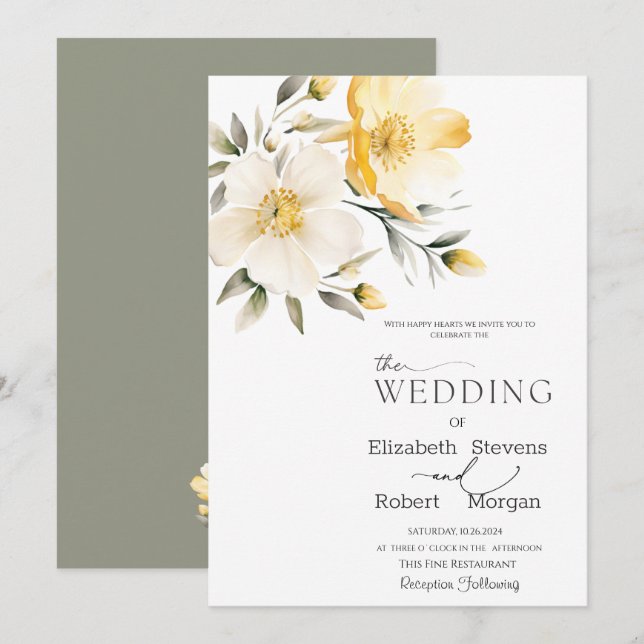 Faire-part de mariage Fleurs blanches jaunes aquar (Devant / Derrière)