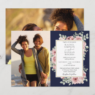 Faire-Part de Mariage Fleurs Bleu Marine Or 2 Phot