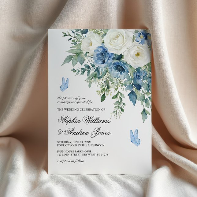 Faire-part de mariage Fleurs Bleu Poussiéreux (Créateur téléchargé)