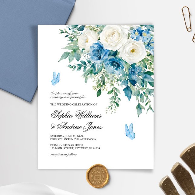 Faire-part de mariage Fleurs Bleu Poussiéreux Budg (Créateur téléchargé)
