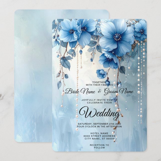 Faire-part de mariage Fleurs bleues et Perles (Devant / Derrière)