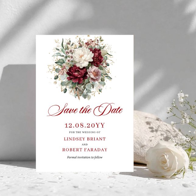 Faire-part de Mariage Fleurs Bordeaux Blush Premiu (Premium Blush Burgundy Floral Save The Date)