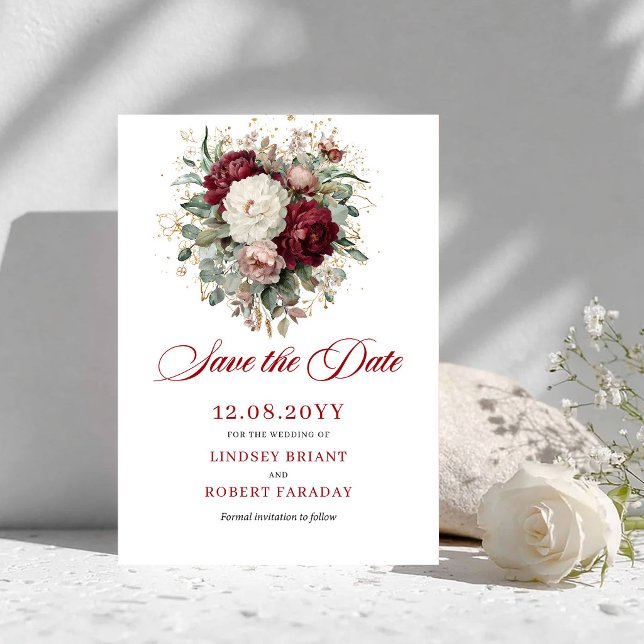 Faire-part de Mariage Fleurs Bordeaux Éternelles (Timeless Blush Burgundy Floral Save The Date)