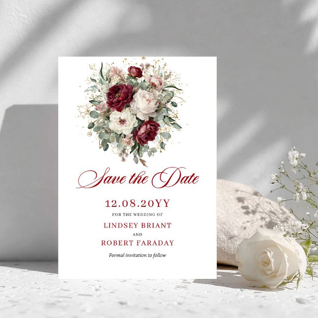 Faire-part de Mariage Fleurs Bordeaux Rouge Romant (Romantic Blush Burgundy Floral Save The Date)